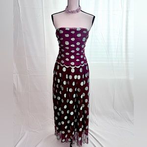Vintage Burgundy and Mint Midi Strapless Polka Dot Dress